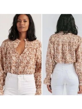 Cleobella top Reza Pintucked in Tamil Block long sleeve blouse neutral floral M